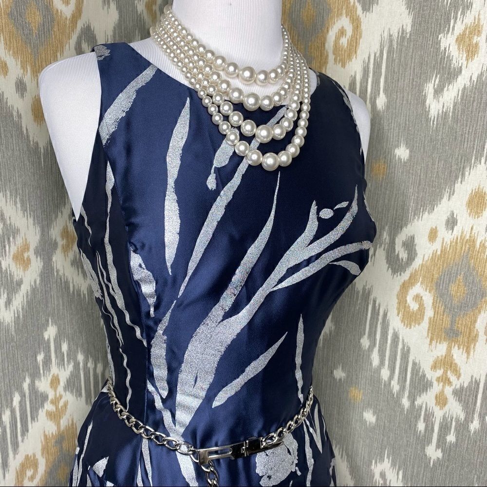 Ralph Lauren Silver Foil Botanical Print Navy Silk Fit & Flare Dress - Picture 8 of 16